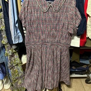 Ivy City Co Pink and Navy Tweed Pearl-Collar Midi Dress